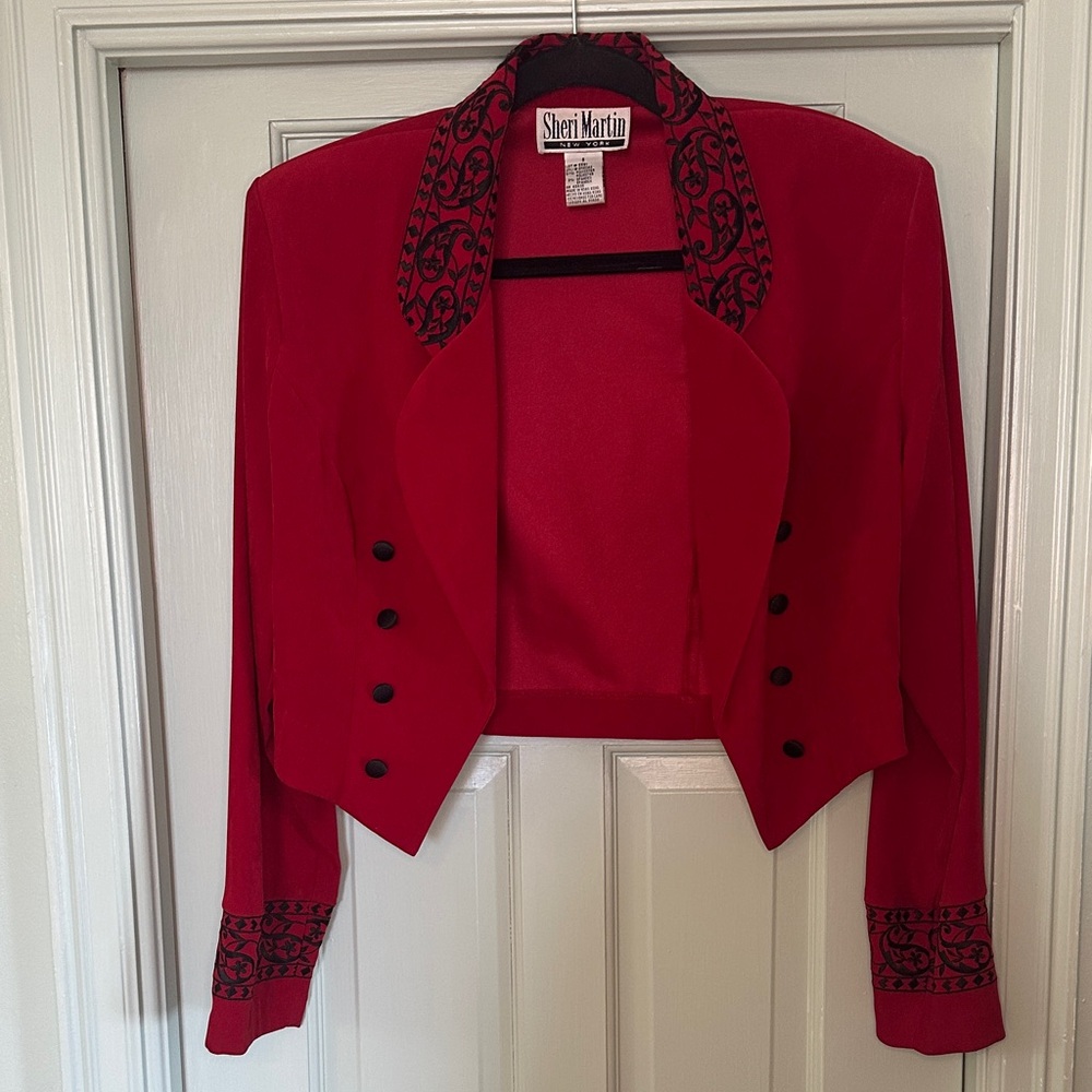 Vintage Sheri Martin Elegant Red Blazer with Black Accents Size 8